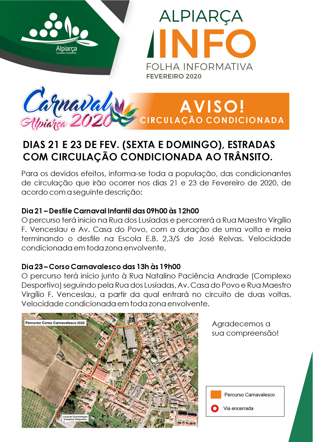 Informação - Estradas com circulação condicionada ao trânsito dias 21 e 23 fevereiro 2020
