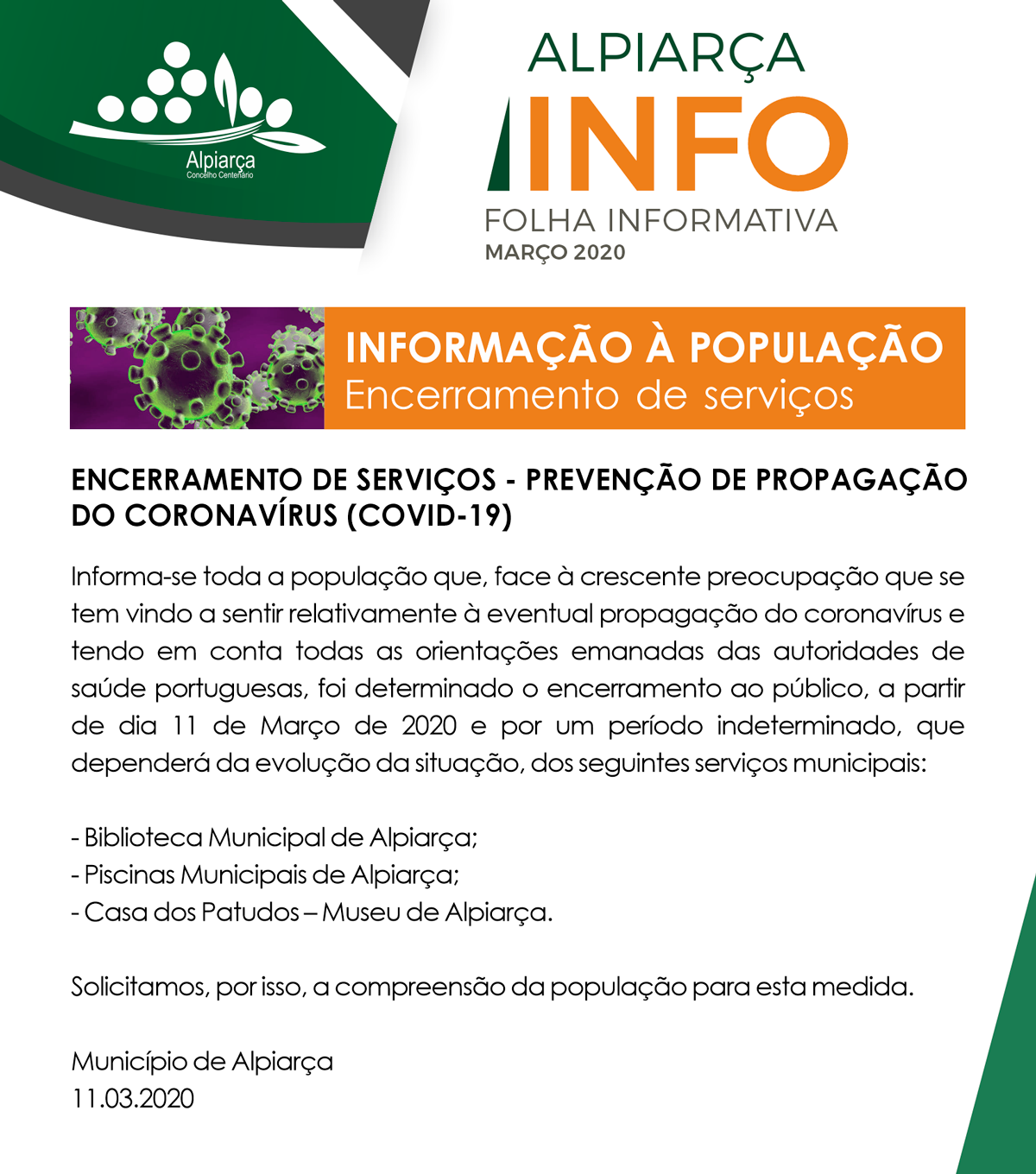 Encerramento de Serviços - Prevenção de propagação do Coronavírus (COVID-19)