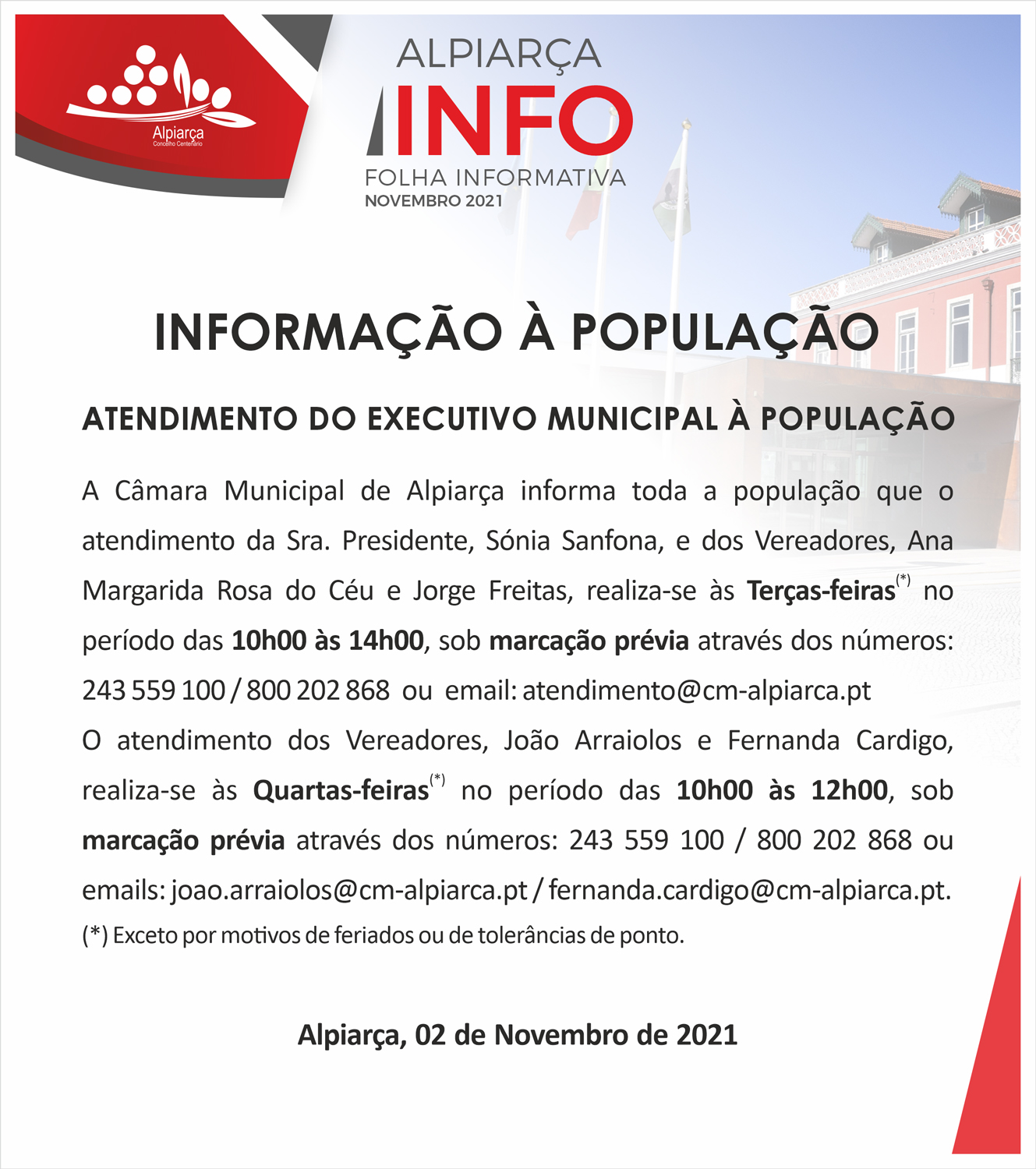 Alpiarça INFO - Horário de Atendimento do Executivo Municipal à População