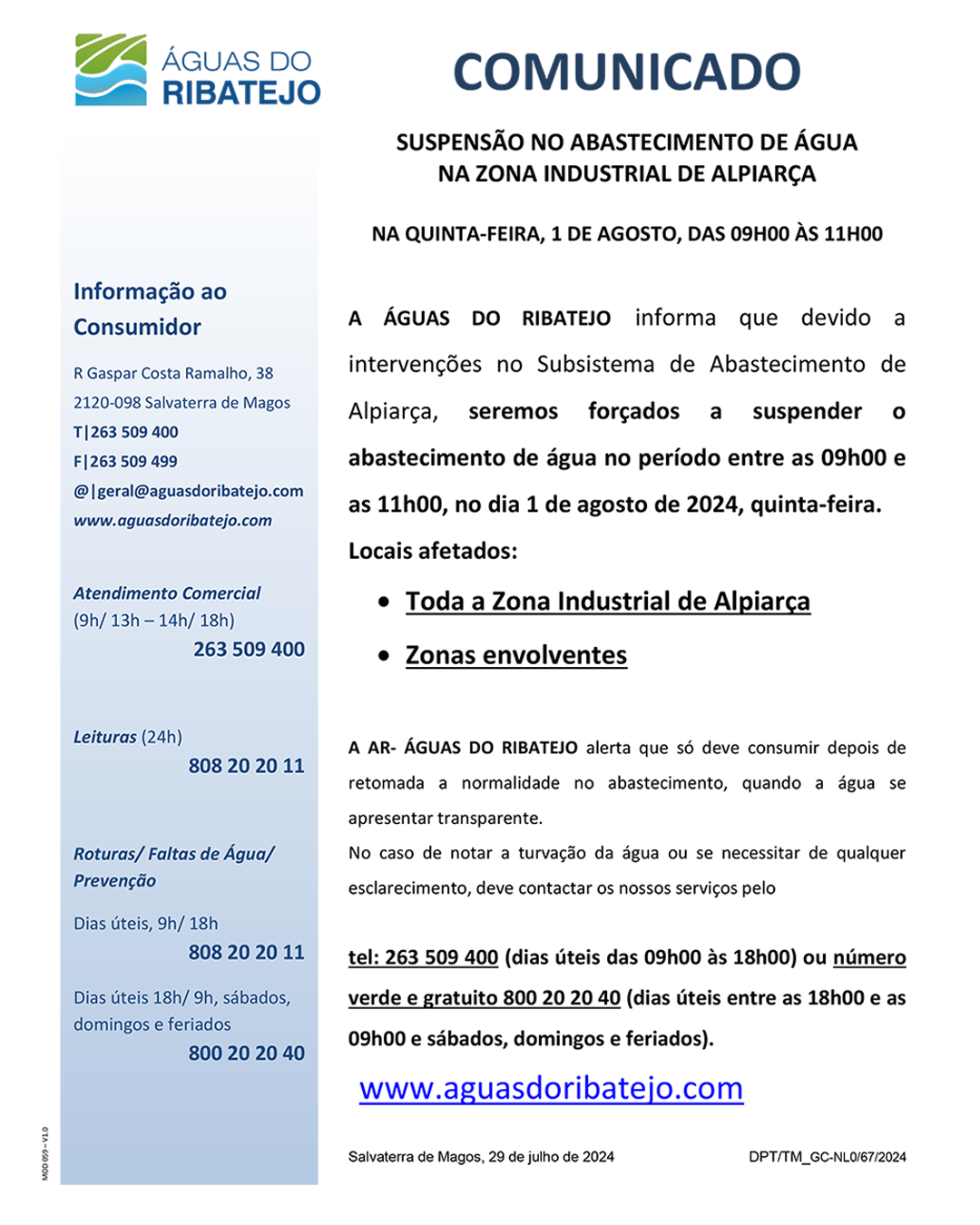 Suspensão do Abastecimento de Água na Zona Industrial de Alpiarça - 1 agosto 2024