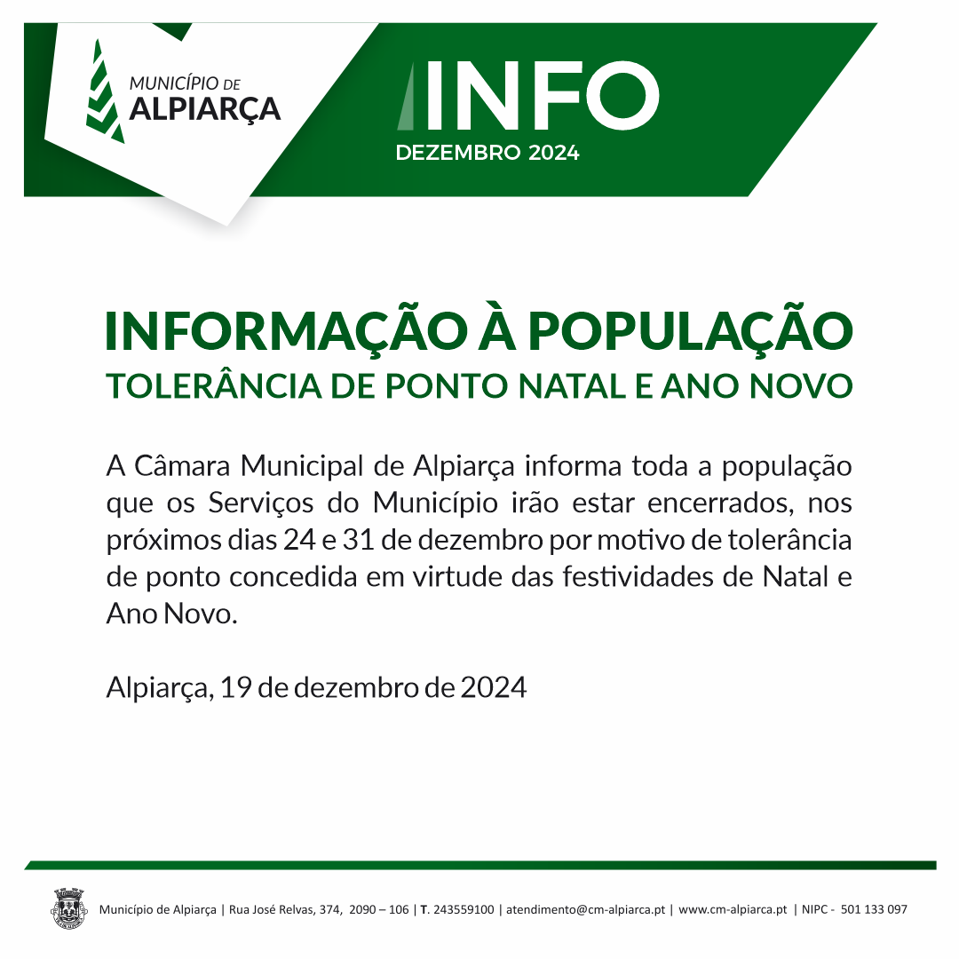Informação à População - Tolerância de Ponto Natal e Ano Novo - Município de Alpiarça
