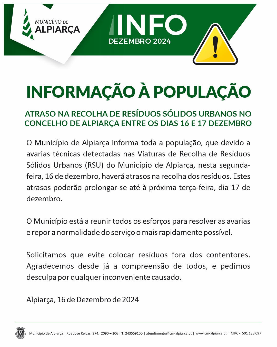 Atraso na Recolha de Resíduos Sólidos Urbanos em Alpiarça, entre os dias 16 e 17 de dezembro 2024