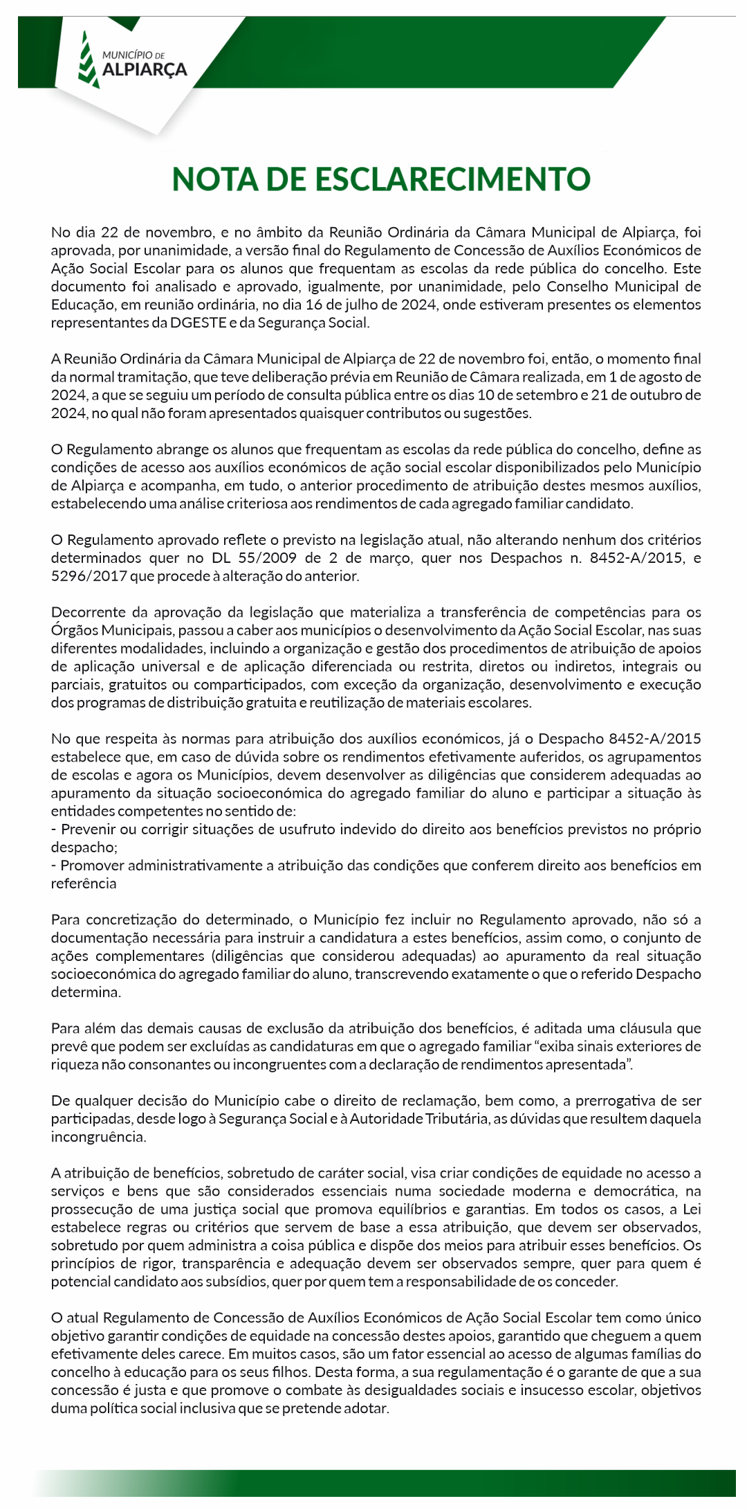 Nota de Esclarecimento – Regulamento de Concessão de Auxílios Económicos de Ação Social Escolar para os alunos que frequentam as escolas da rede pública do concelho de Alpiarça