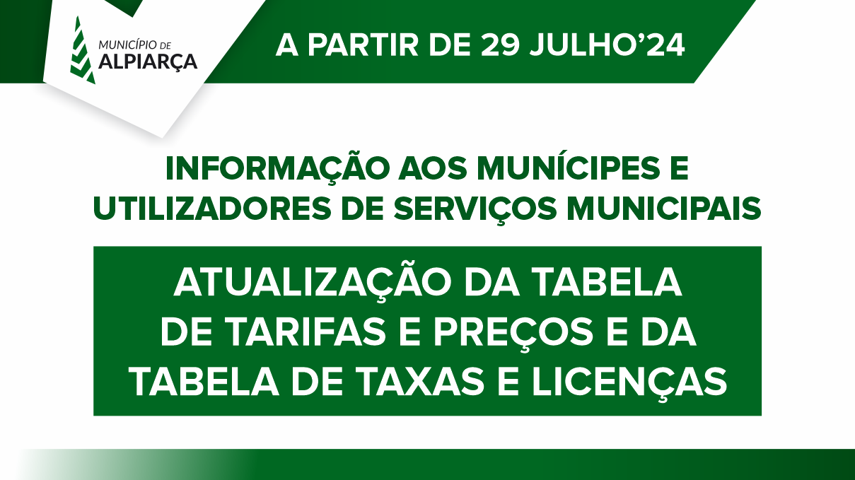 Atualização da Tabela de Tarifas e Preços dos Serviços do Município de Alpiarça