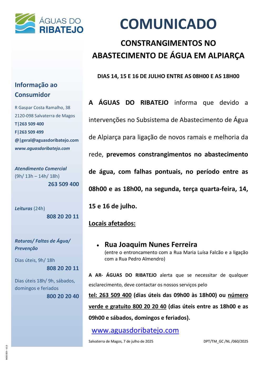 Constrangimentos no Abastecimento de Água em Alpiarça - 14, 15 e 16 Julho 2025