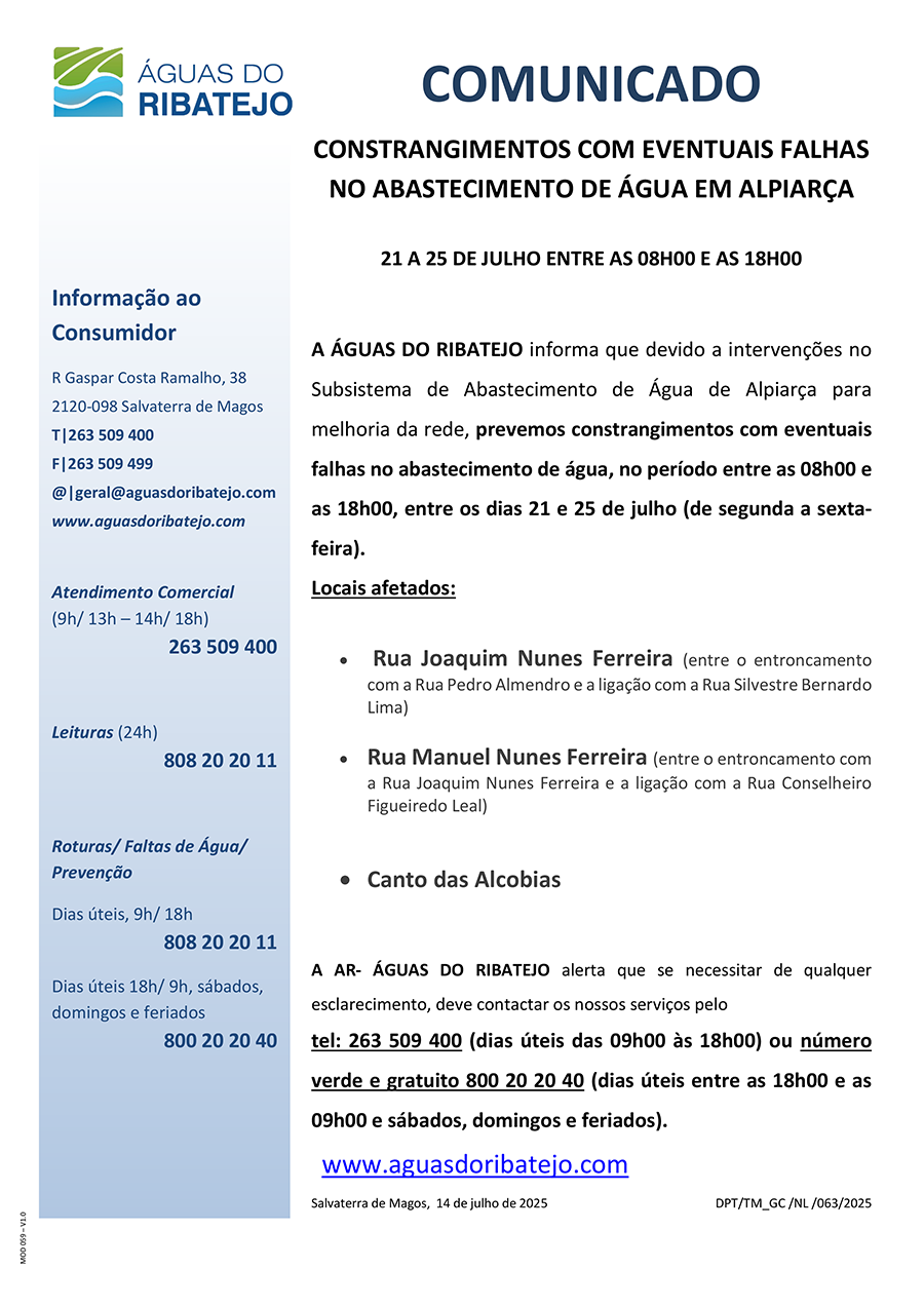 Constrangimentos no Abastecimento de Água em Alpiarça - 21 a 25 Julho 2025