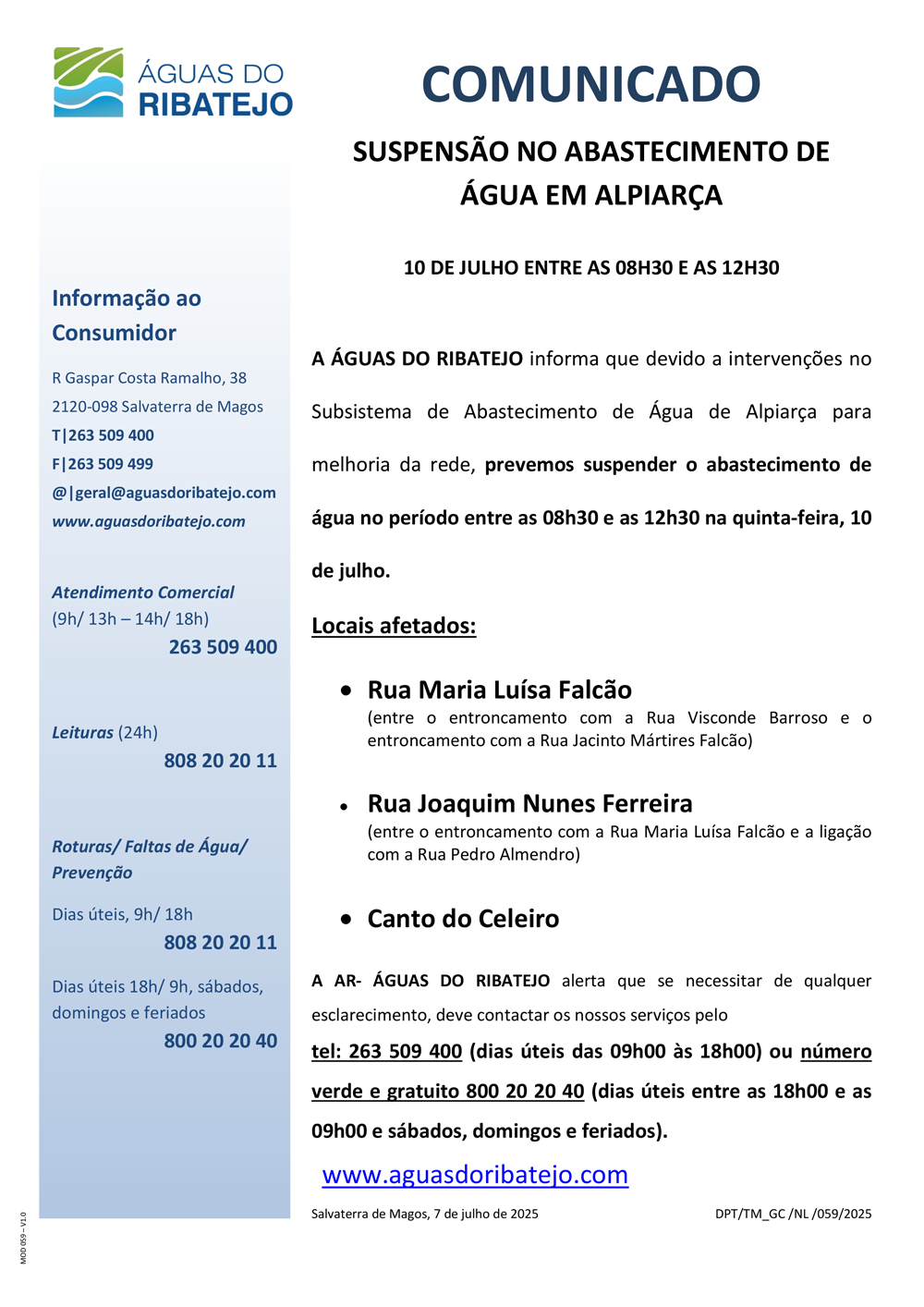 Suspensão no Abastecimento de Água em Alpiarça - 10 Julho 2025