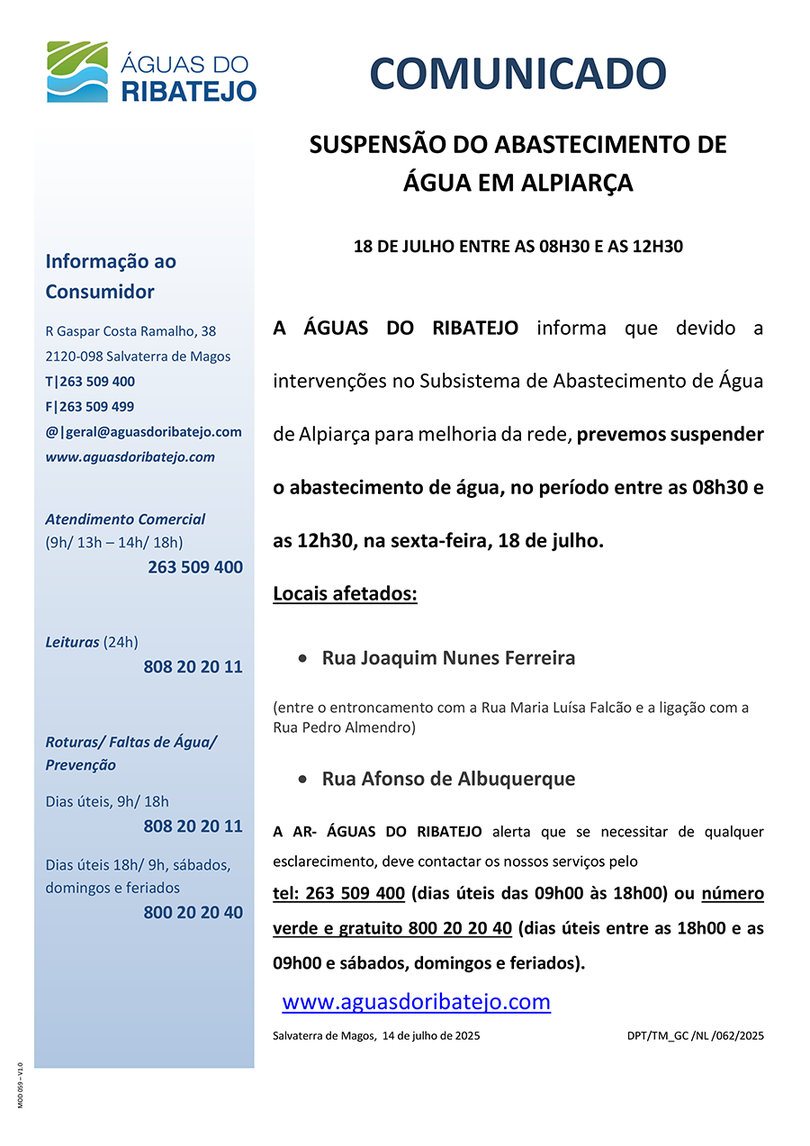 Suspensão no Abastecimento de Água em Alpiarça - 18 Julho 2025