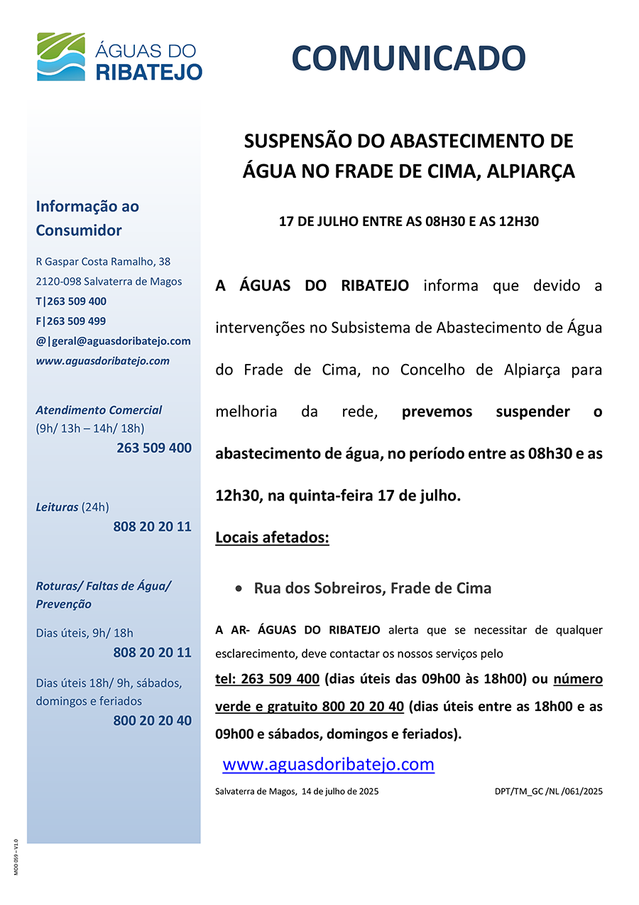 Suspensão no Abastecimento de Água no Frade de Cima em Alpiarça - 17 Julho 2025
