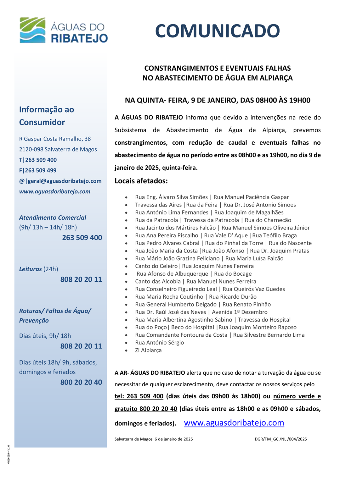 Constrangimentos no Abastecimento de Água em Alpiarça - 9 Janeiro 2025