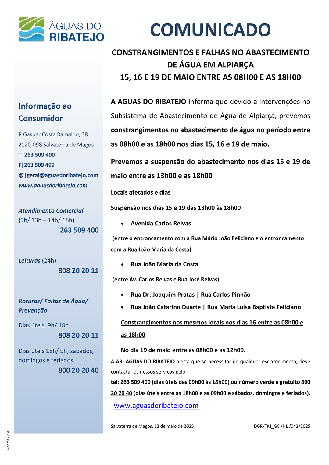 Constrangimentos e Eventuais Falhas no Abastecimento de Água em Alpiarça - 15, 16 e 19 Maoi 2025