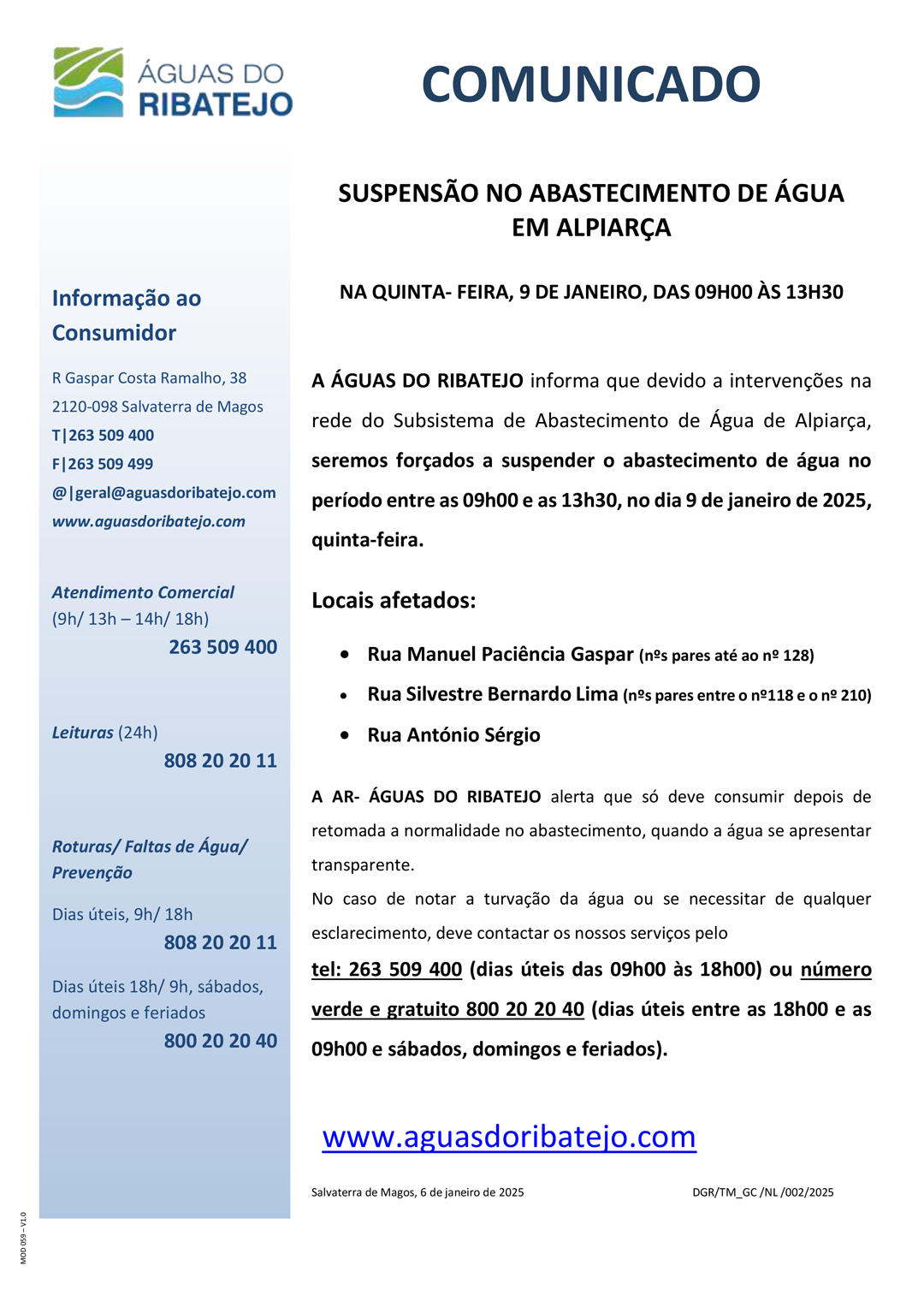 Suspensão no Abastecimento de Água em Alpiarça no período da manhã - 9 Janeiro 2025