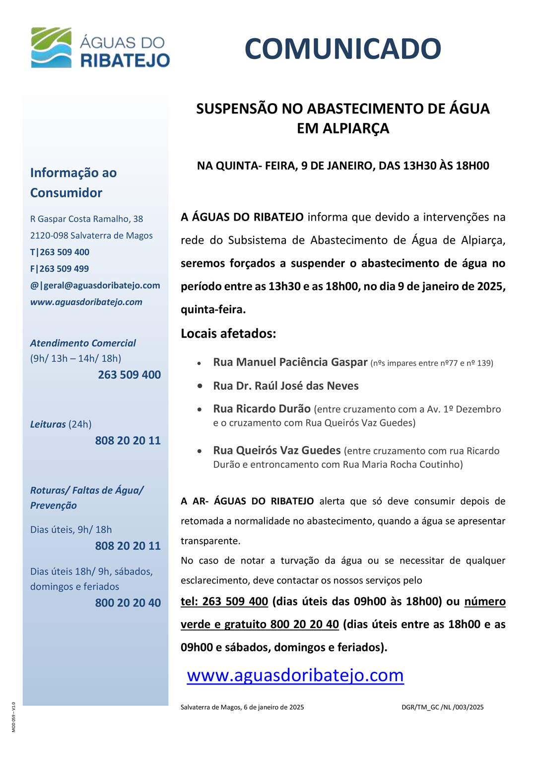 Suspensão no Abastecimento de Água em Alpiarça no período da tarde - 9 Janeiro 2025