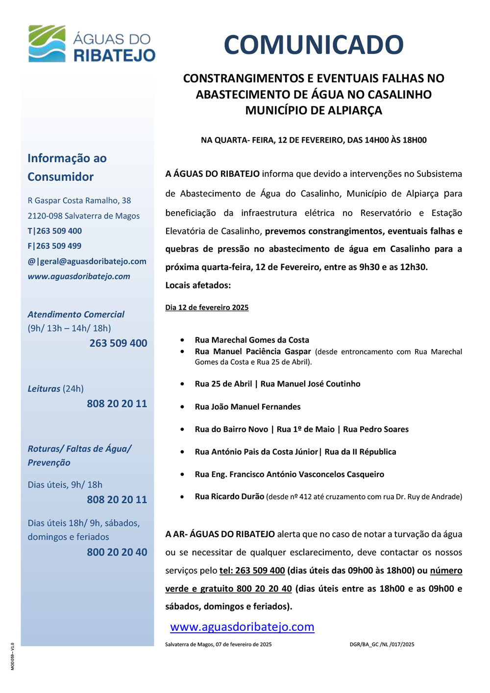 Constrangimentos e Eventuais Falhas no Abastecimento de Água na localidade do Casalinho em Alpiarça - 12 Fevereiro 2025