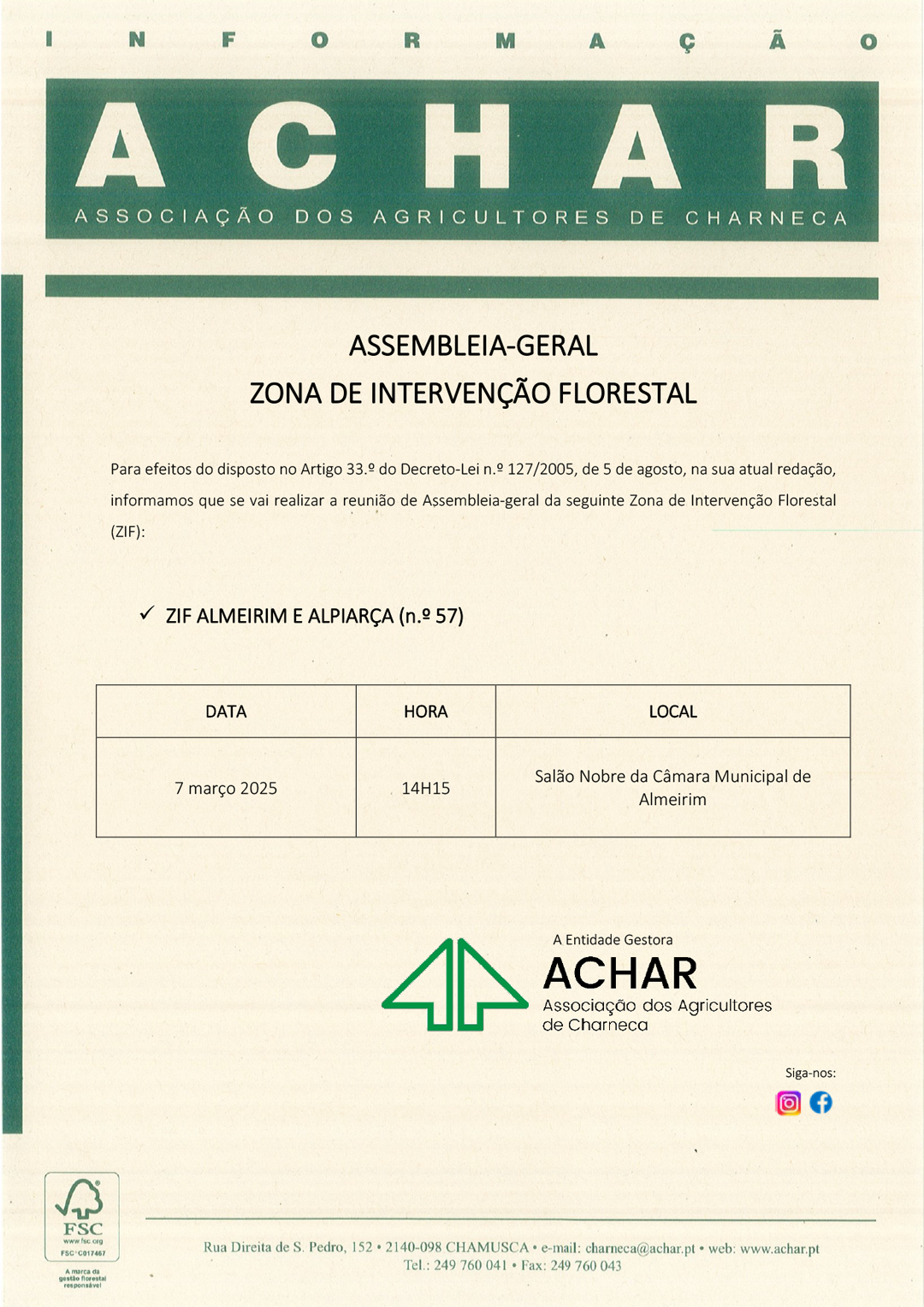 Edital - Assembleia Geral ZIF Almeirim/Alpiarça - 7 Março 2025 Edital - Assembleia Geral ZIF Almeirim/Alpiarça - 7 Março 2025