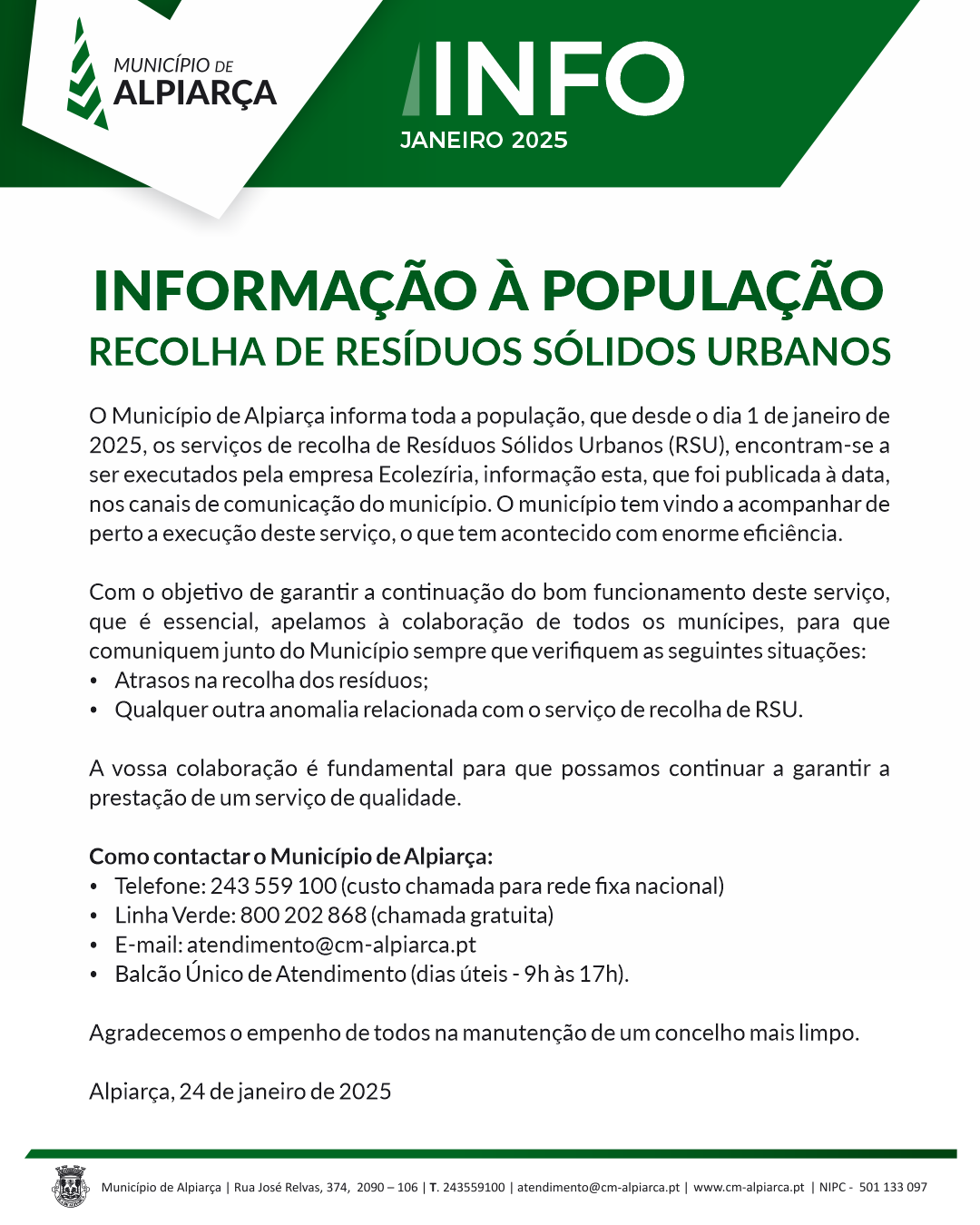 Info - Serviço de Recolha de Resíduos Sólidos Urbanos (RSU) – Janeiro 2025