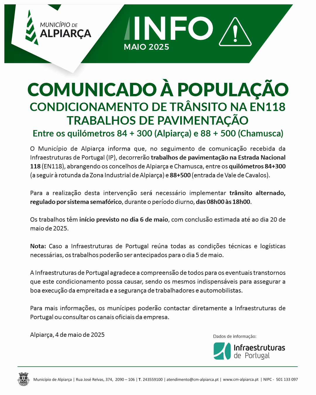 Comunicado à População – Condicionamento de Trânsito na EN118 – Trabalhos de pavimentação (06.05.2025)
