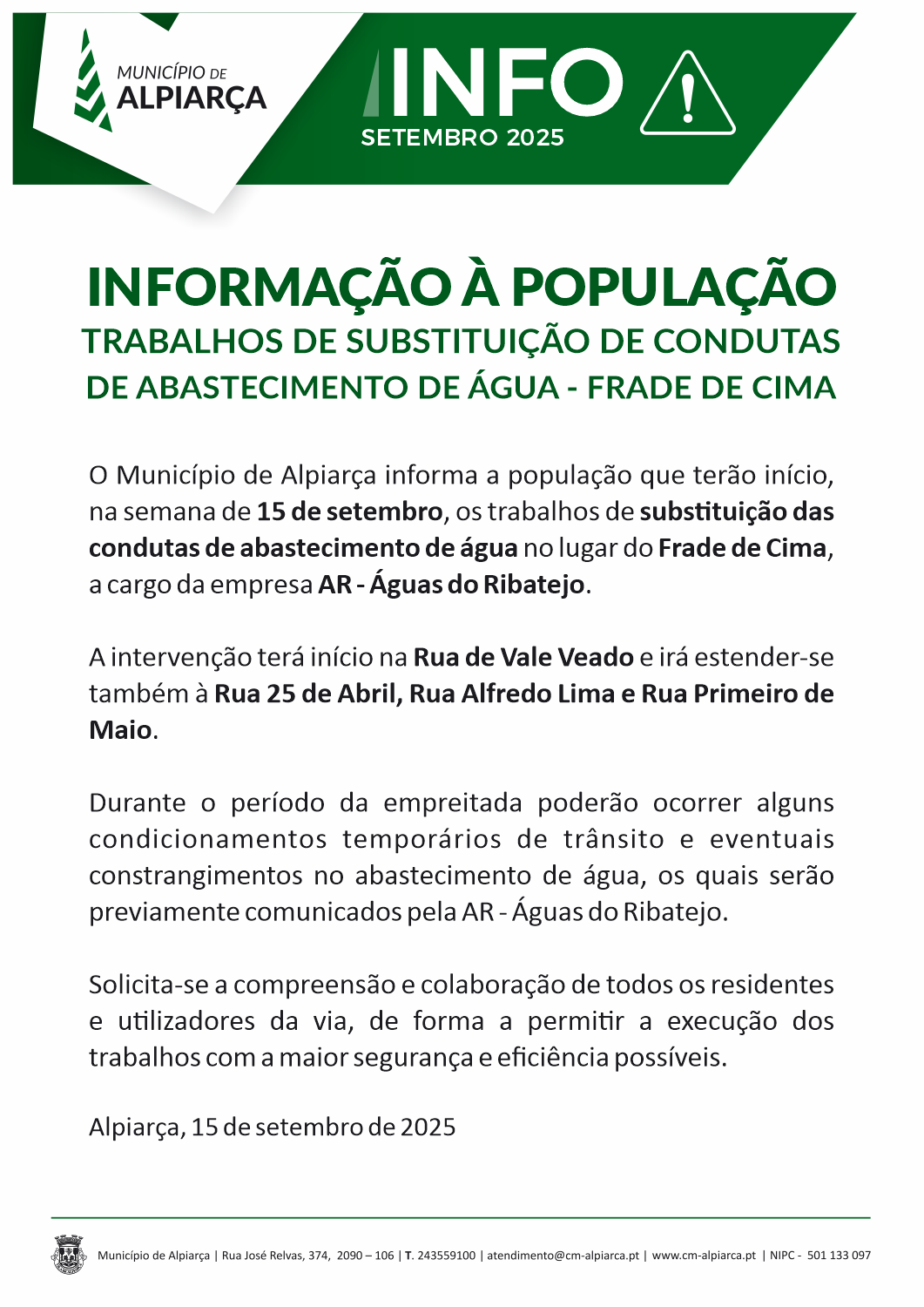 Início dos trabalhos de substituição de condutas de abastecimento de água - Frade de Cima - Águas do Ribatejo 15 setembro 2025