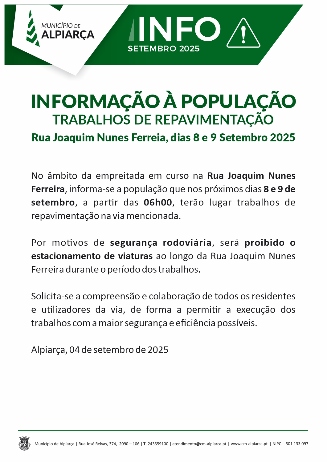 Informação à População - Trabalhos de Repavimentação da Rua Joaquim Nunes Ferreira, dias 8 e 9 de Setembro 2025 