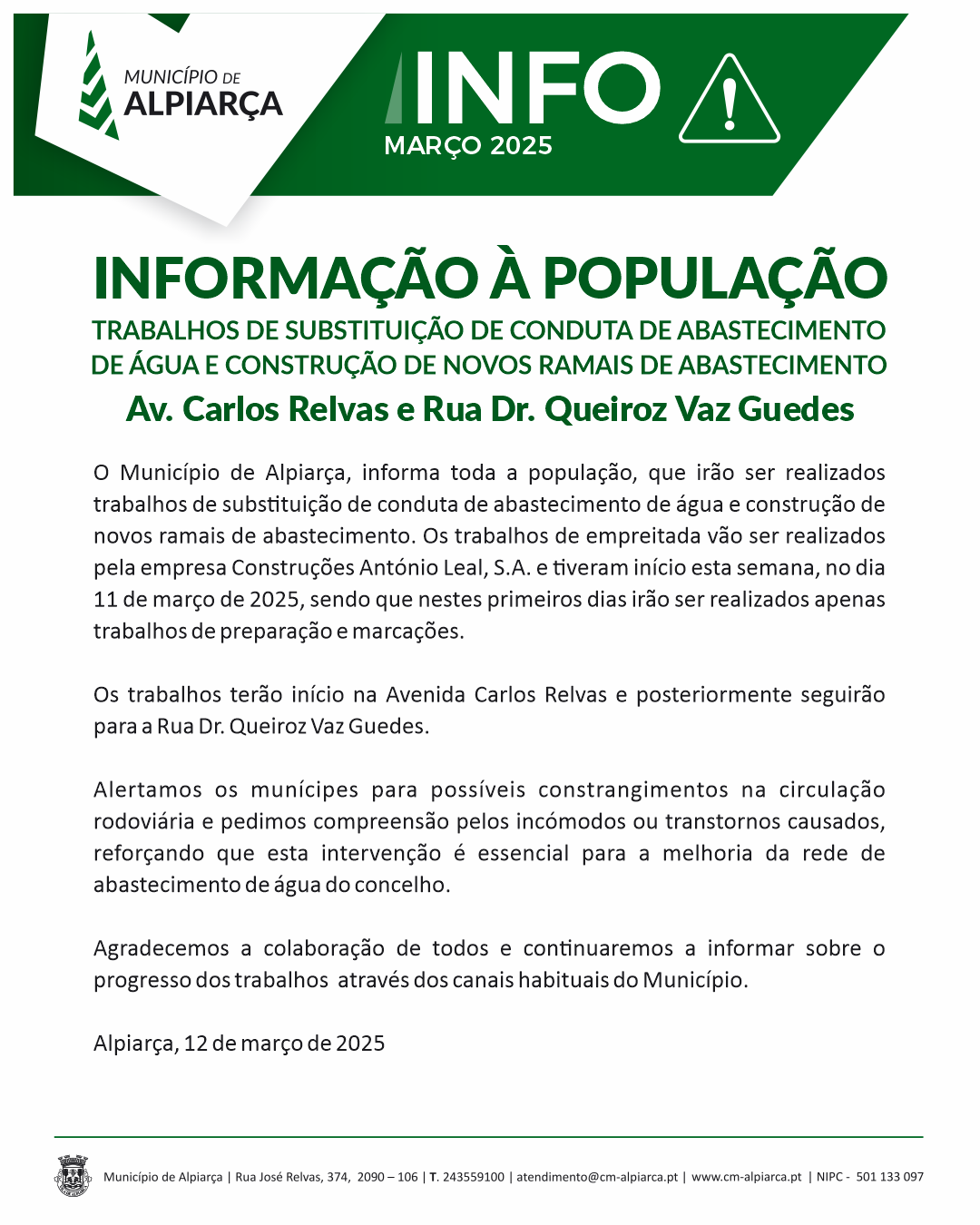 Trabalhos de substituição de conduta de abastecimento de água e construção de novos ramais - Março 2025