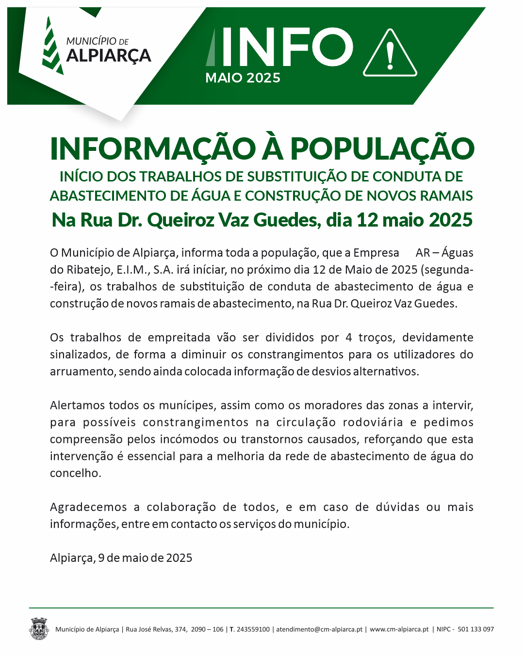 Informação à População - Início dos Trabalhos de Substituição de Conduta de Abastecimento de Água - 12 de Maio 2025