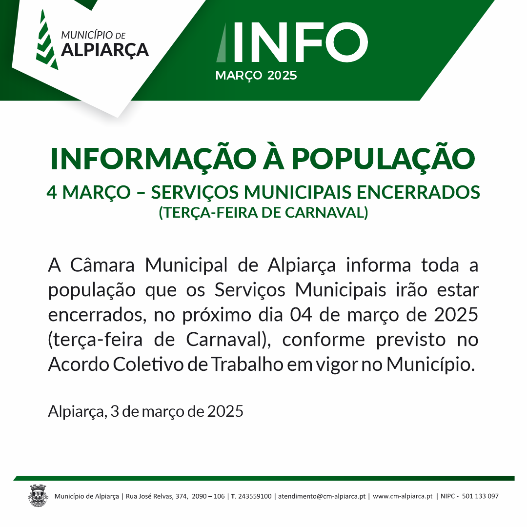 Terça-feira de Carnaval - Serviços Municipais Encerrados