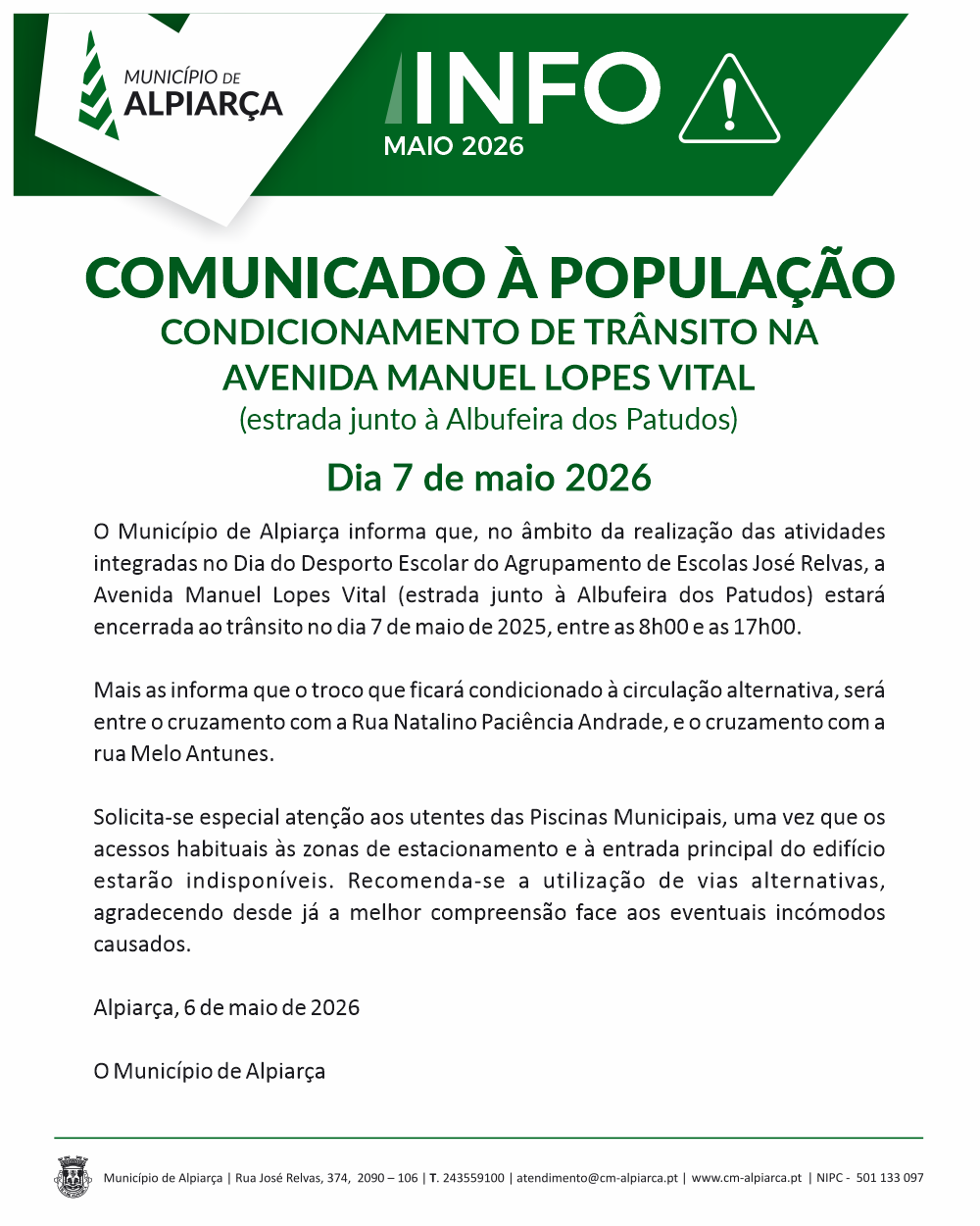 Comunica à População - Trânsito Condicionado na Av. Manuel Lopes Vital - Dia do Desporto Escolar | 7 maio 2026 
