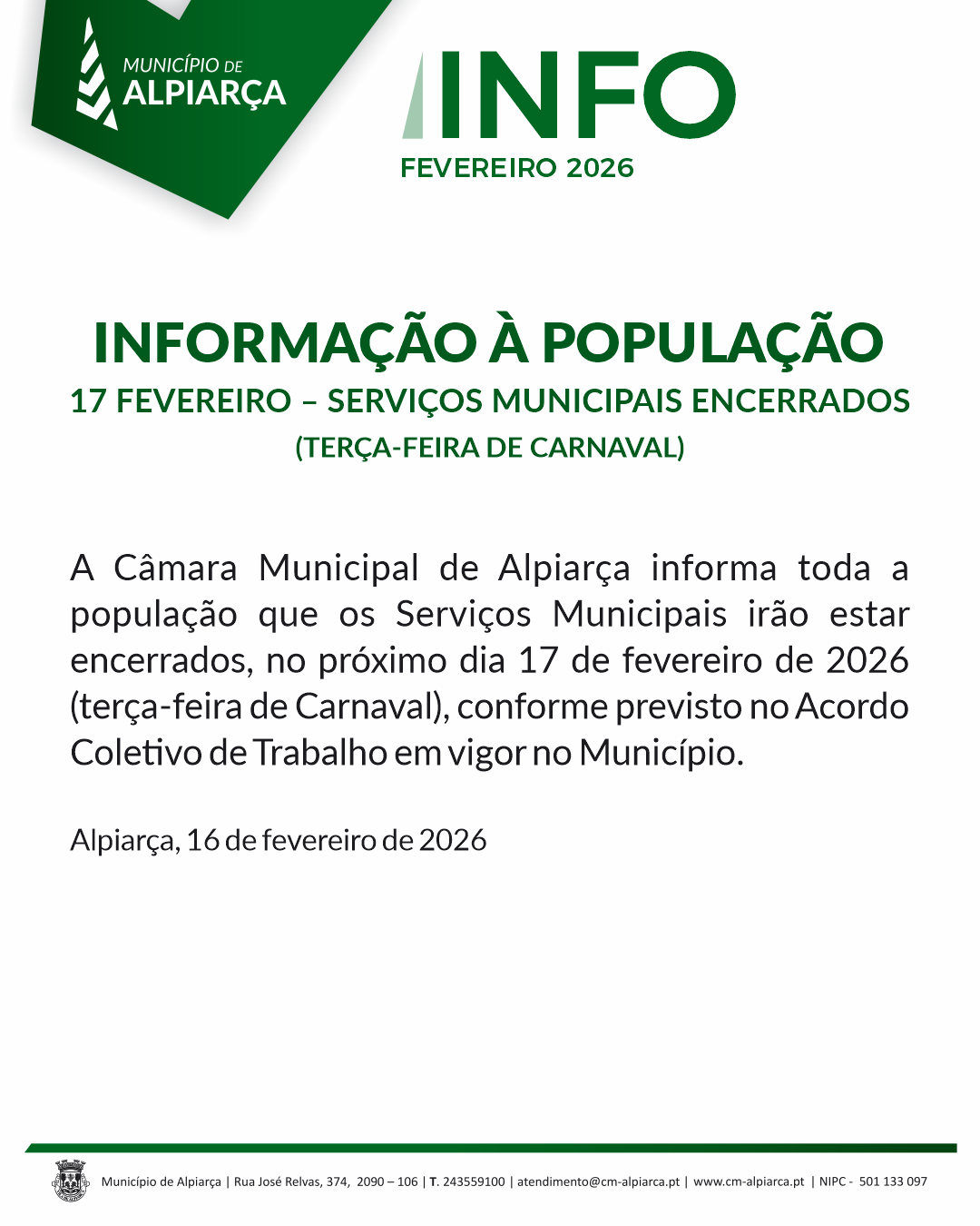 Serviços Municipais Encerrados – Terça-feira de Carnaval (17 Fevereiro 2026)