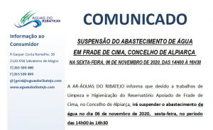 INFORMAÇÃO À POPULAÇÃO - Suspensão do Abastecimento de água no Frade de Cima (Comunicado Águas do Ribatejo)