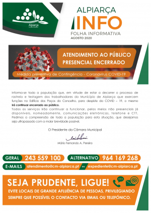 INFORMAÇÃO À POPULAÇÃO - Em virtude da realização de testes COVID-19 aos funcionários, o Edifício dos Paços do Concelho continuará encerrado ao público (COVID-19)