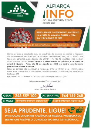 INFORMAÇÃO À POPULAÇÃO - Reabertura do serviço de atendimento ao público no Edifício dos Paços do Concelho (COVID-19)