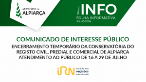 Comunicado de Interesse Público - Encerramento temporário da Conservatória do Registo Civil, Predial e Comercial de Alpiarça