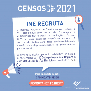 CENSOS 2021 - O INE está a recrutar Delegados Municipais e Delegados Sub-regionais